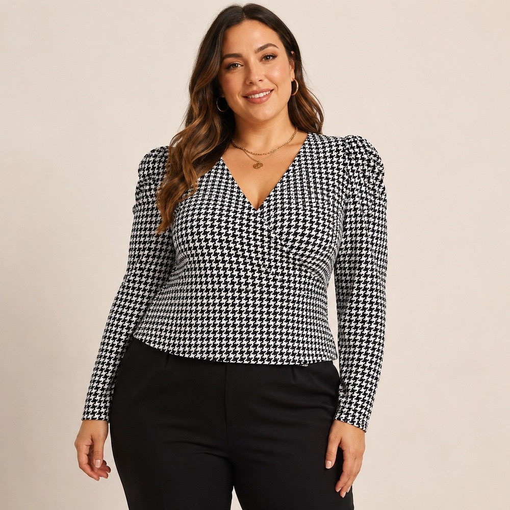 Shein Houndstooth Surplice V Neck Puff Sleeve Top 4X fits 1X-2X Black White NWOT